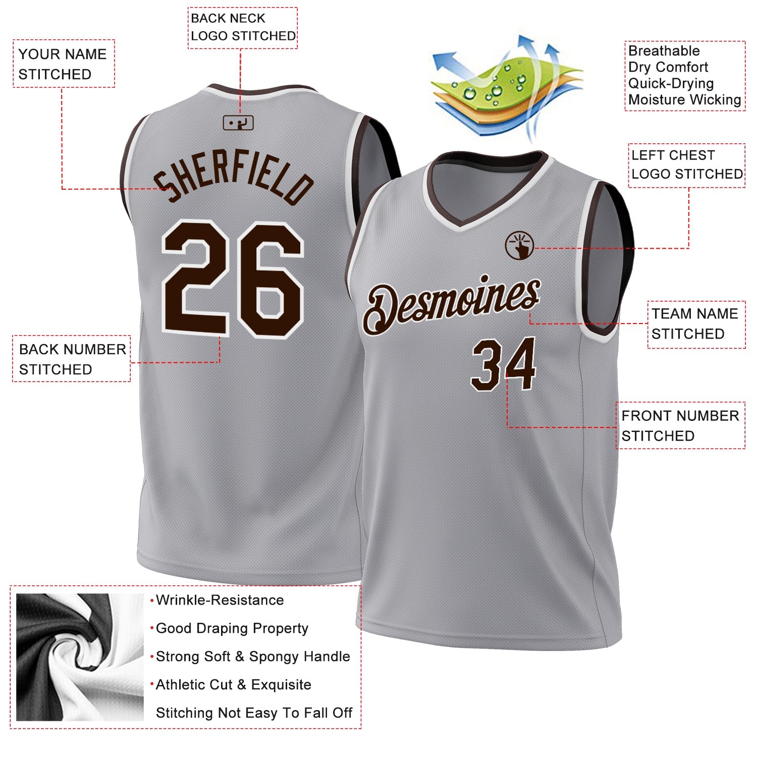 Custom Gray Brown-White Authentic Throwback Basketball Jersey view 3
