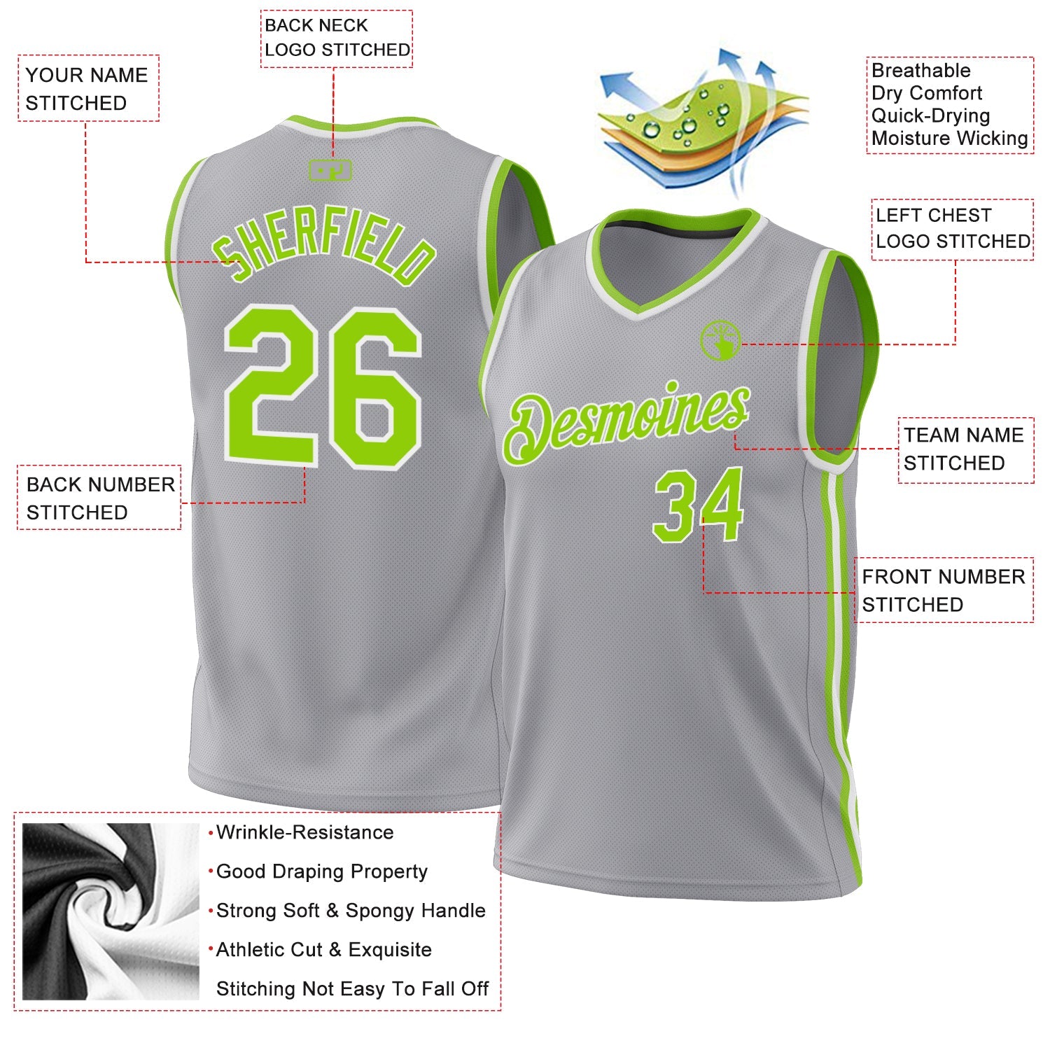 Custom Gray Neon Green-White Authentic Throwback Basketball Jersey view 3