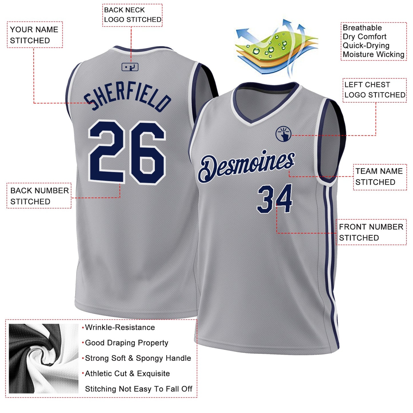Custom Gray Navy-White Authentic Throwback Basketball Jersey view 3