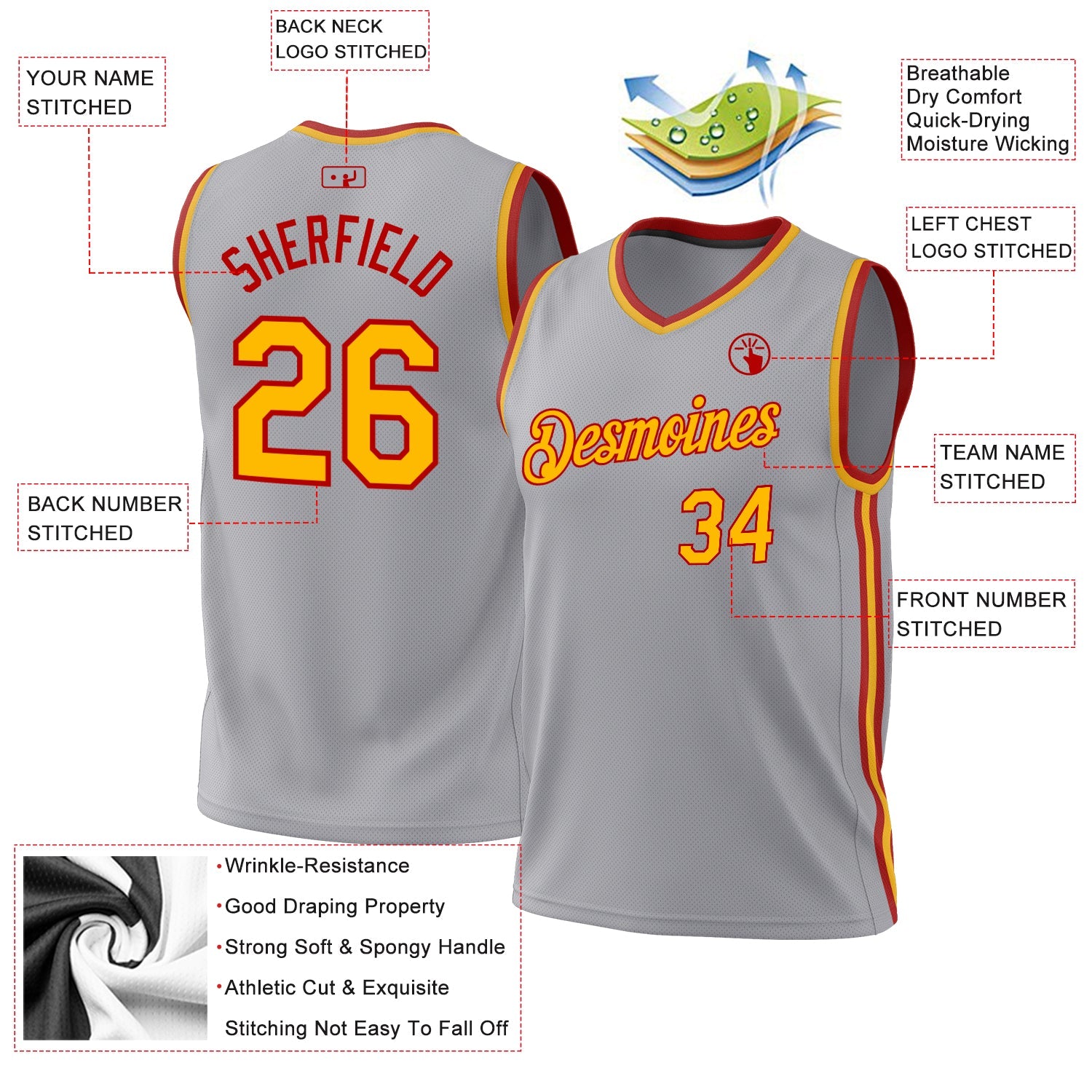 Custom Gray Gold-Red Authentic Throwback Basketball Jersey view 3