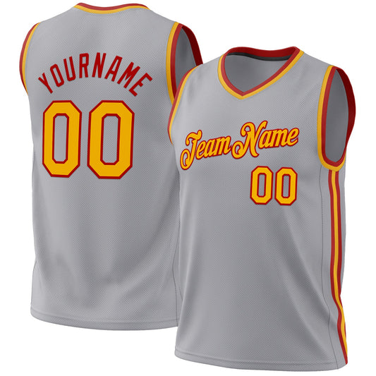 Custom Gray Gold-Red Authentic Throwback Basketball Jersey - Main View