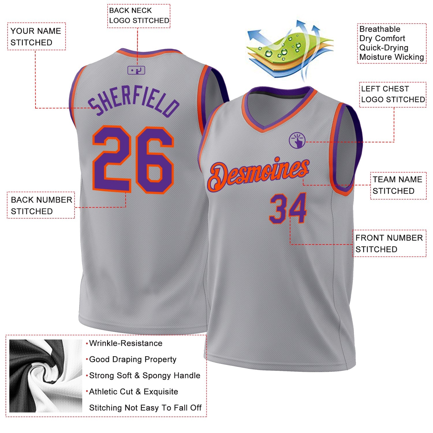 Custom Gray Purple-Orange Authentic Throwback Basketball Jersey view 3