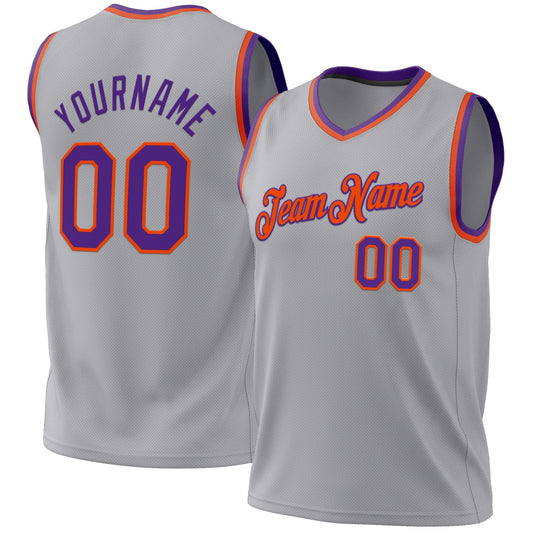 Custom Gray Purple-Orange Authentic Throwback Basketball Jersey - Main View