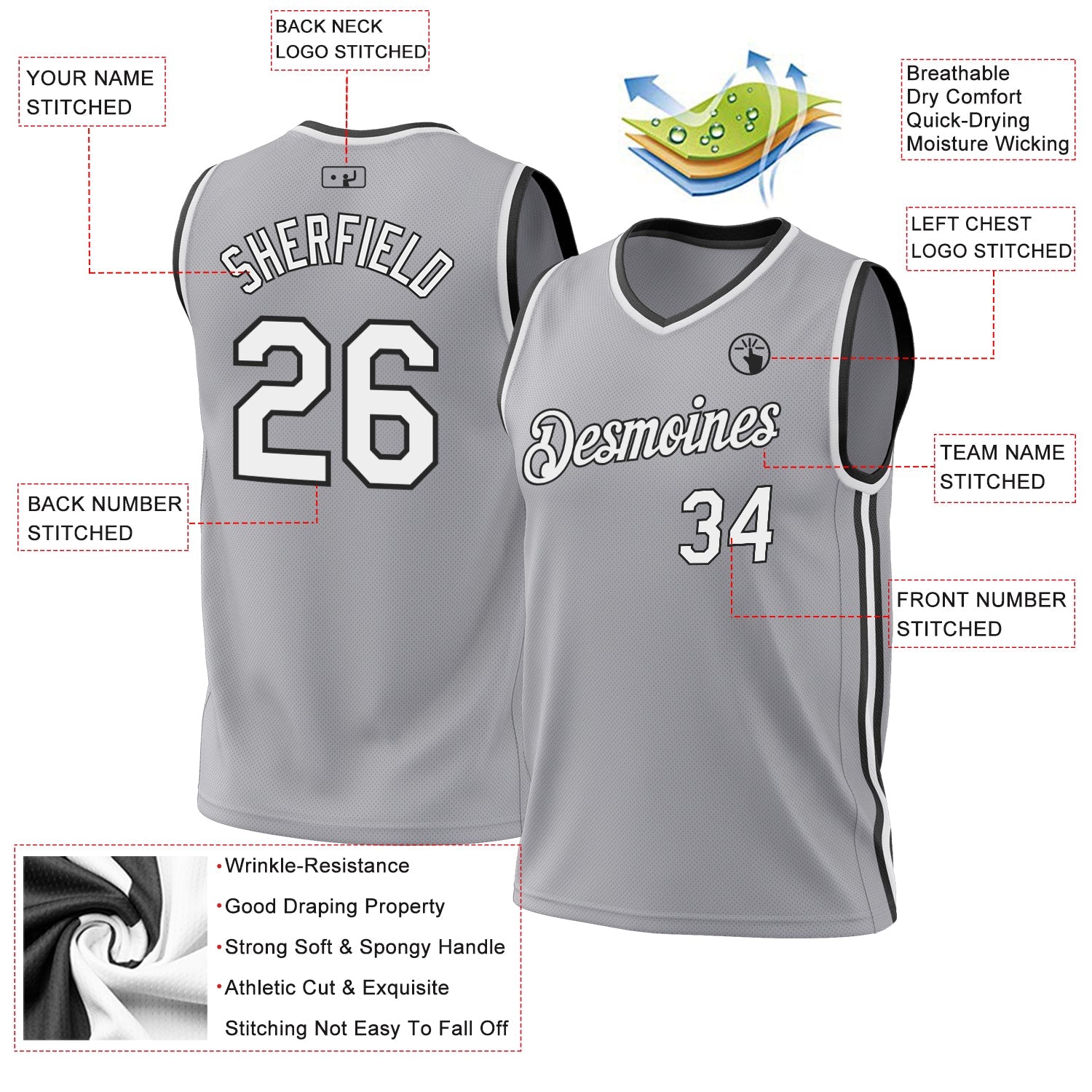 Custom Gray White-Black Authentic Throwback Basketball Jersey view 3