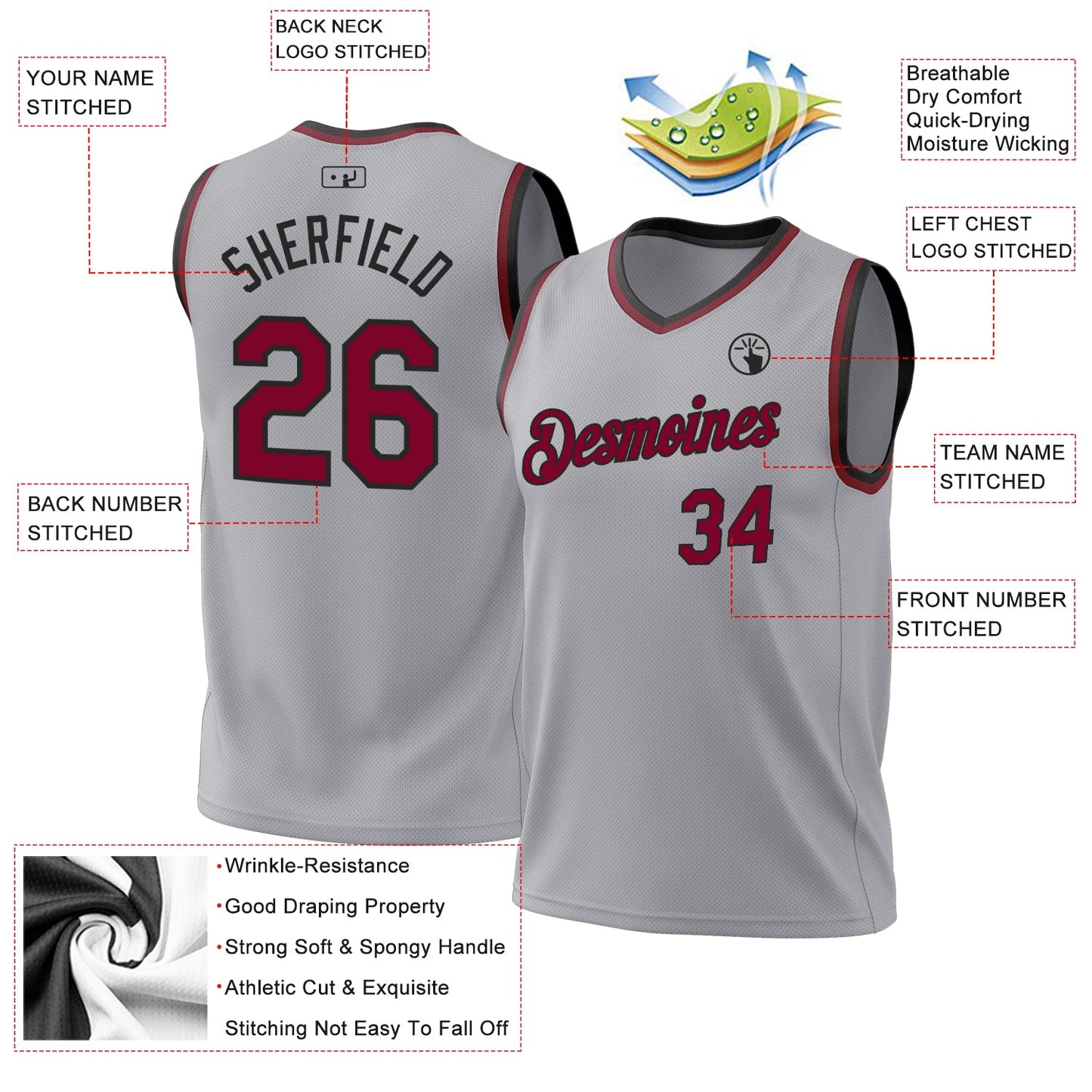 Custom Gray Maroon-Black Authentic Throwback Basketball Jersey view 3
