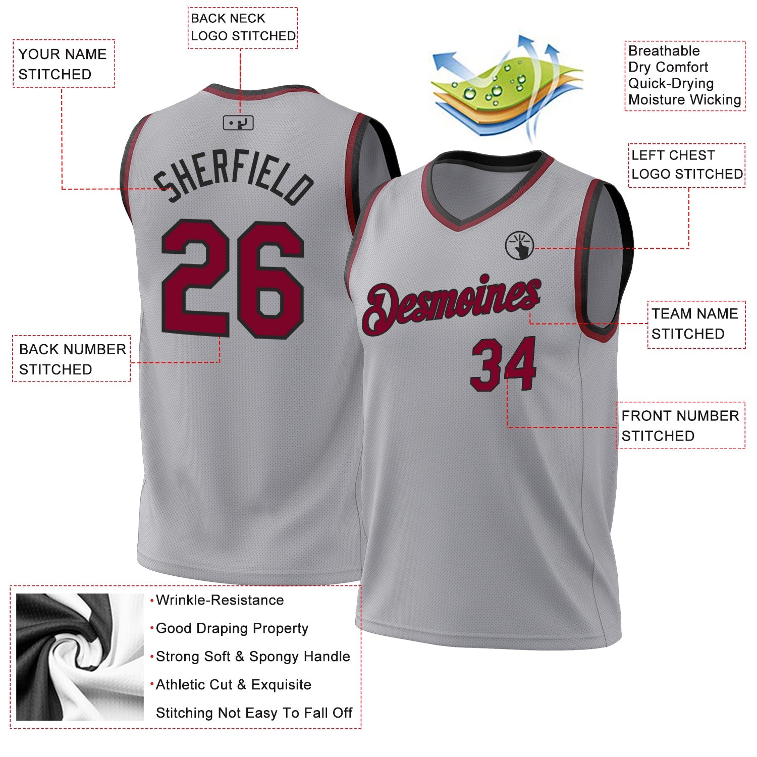 Custom Gray Maroon-Black Authentic Throwback Basketball Jersey view 3