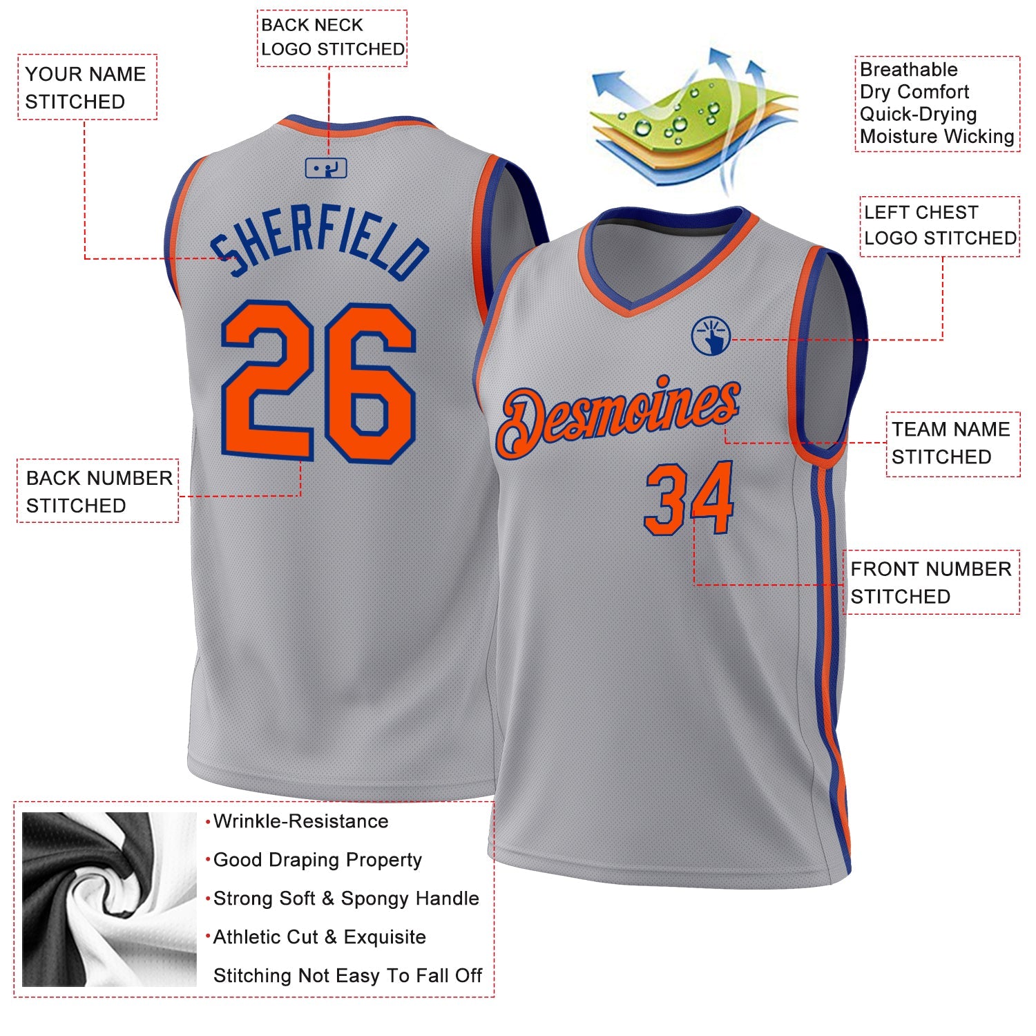 Custom Gray Orange-Royal Authentic Throwback Basketball Jersey view 3