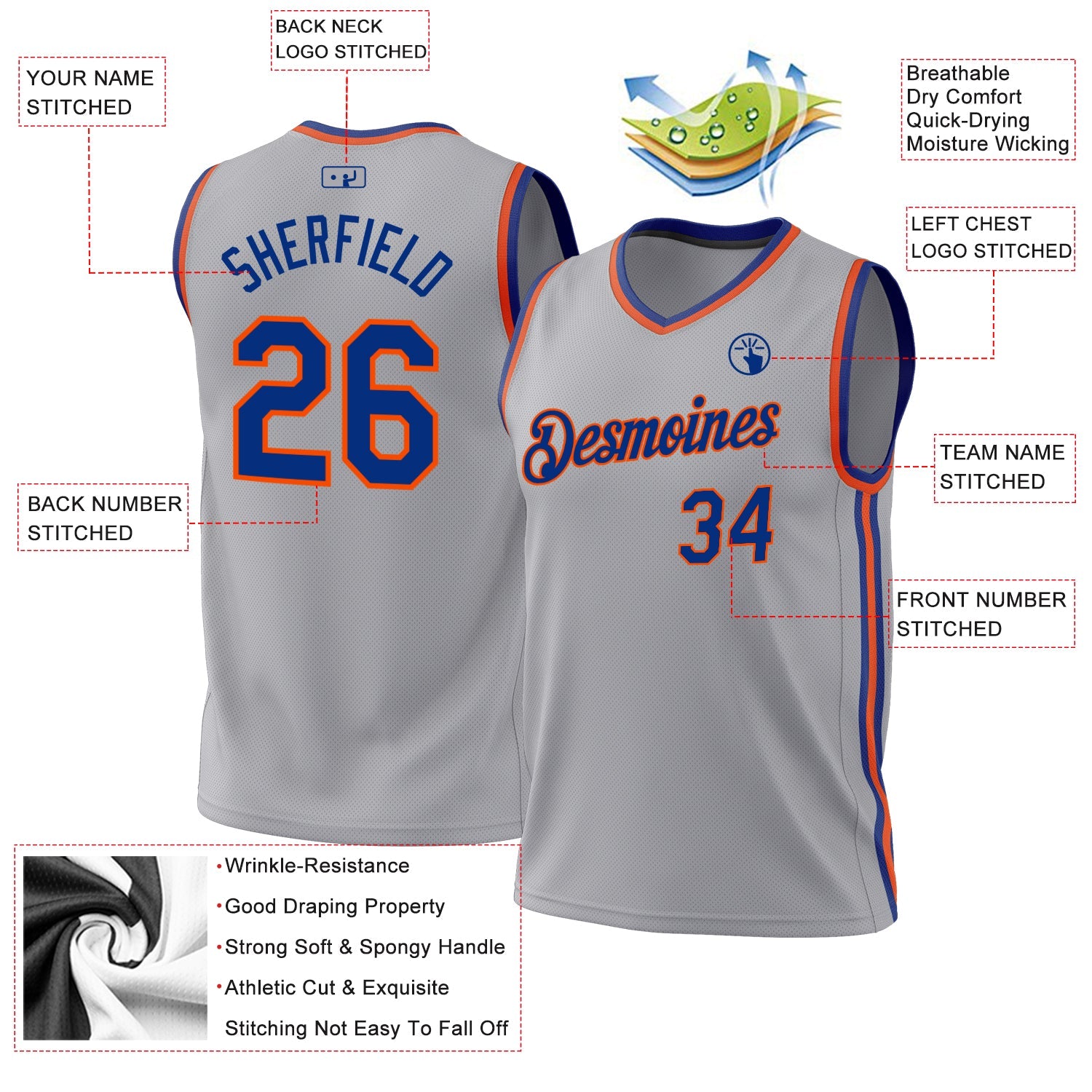 Custom Gray Royal-Orange Authentic Throwback Basketball Jersey view 3