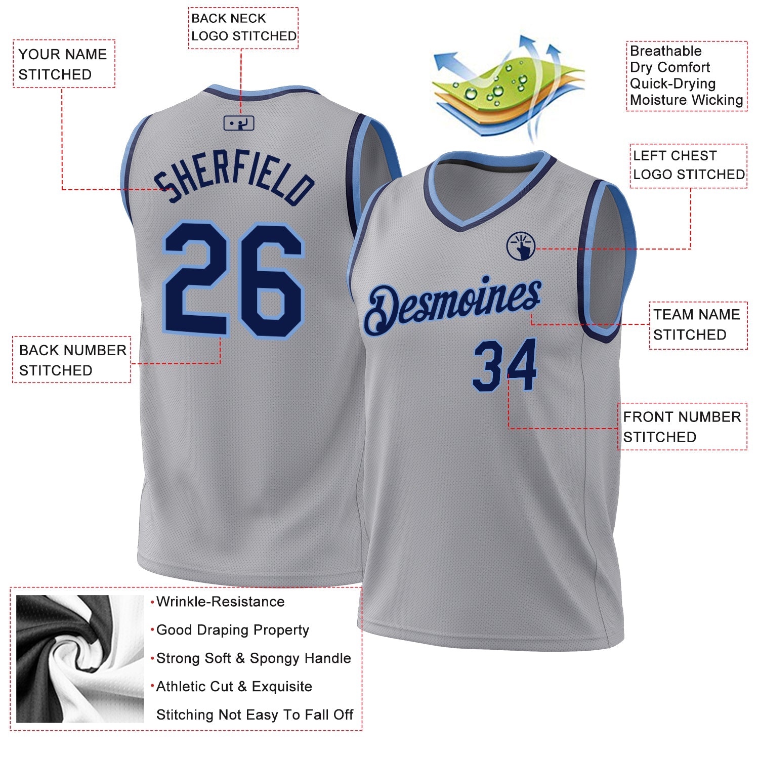 Custom Gray Navy-Light Blue Authentic Throwback Basketball Jersey view 3