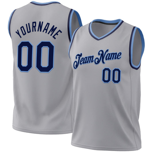 Custom Gray Navy-Light Blue Authentic Throwback Basketball Jersey - Main View