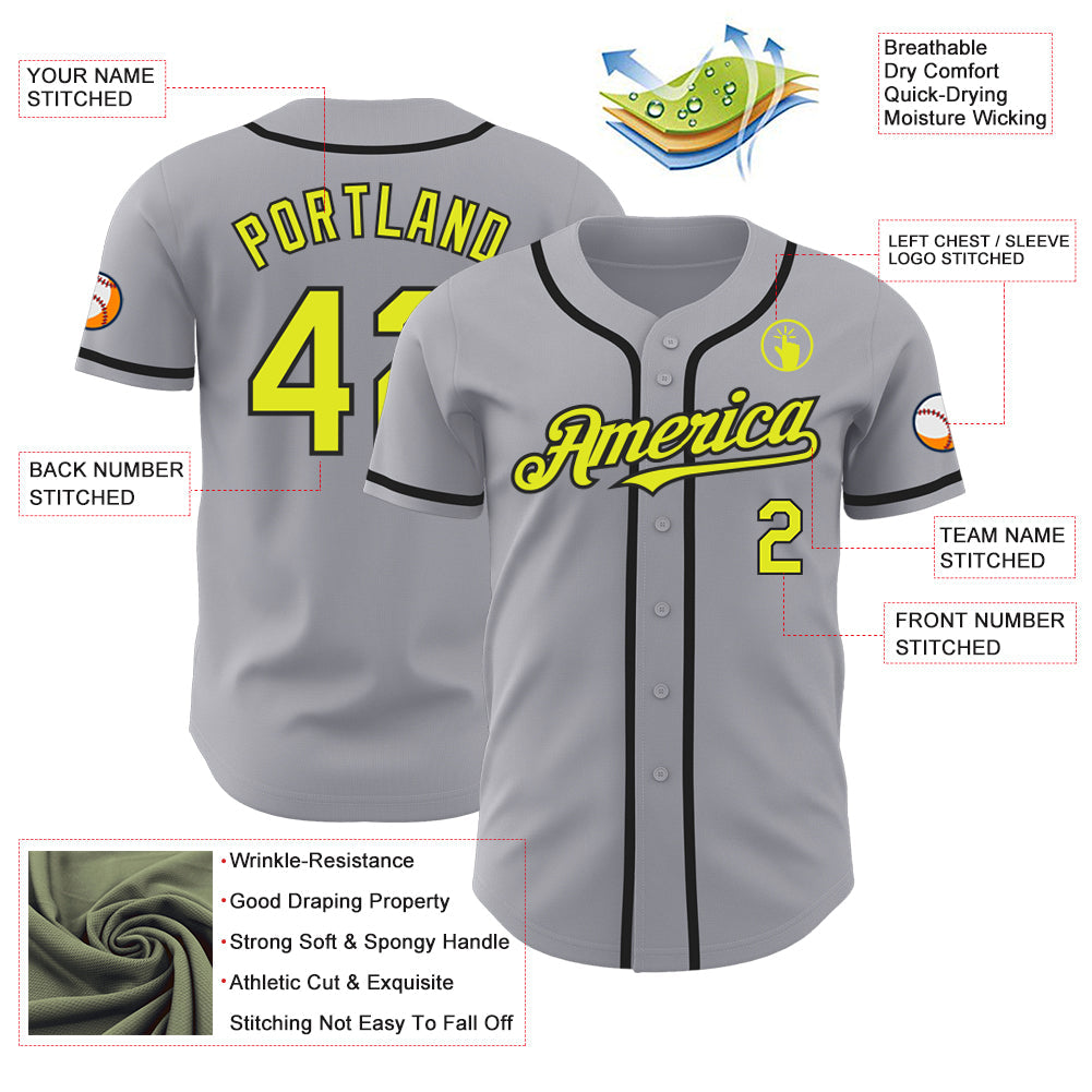 Custom Gray Neon Yellow-Black Authentic Baseball Jersey view 3