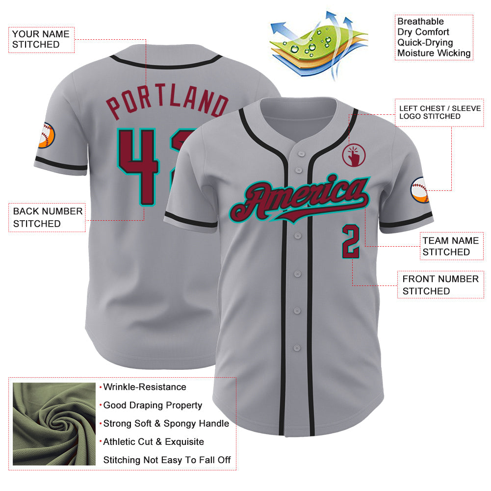 Custom Gray Crimson Black-Aqua Authentic Baseball Jersey view 3