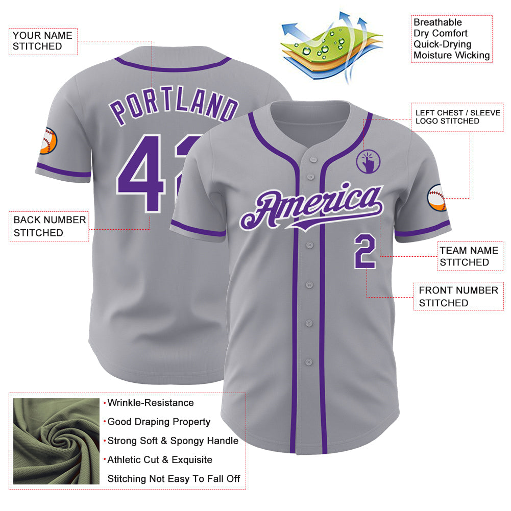 Custom Gray Purple-White Authentic Baseball Jersey view 3