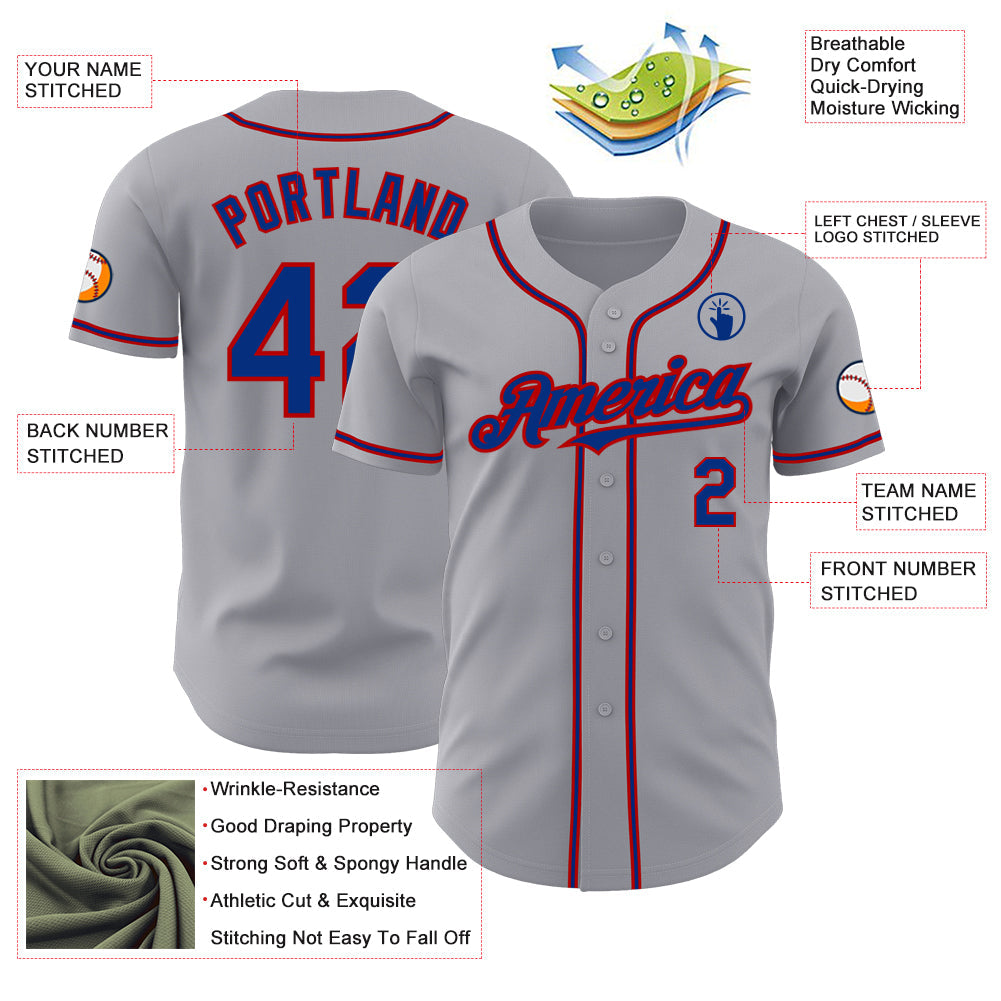 Custom Gray Royal-Red Authentic Baseball Jersey view 3