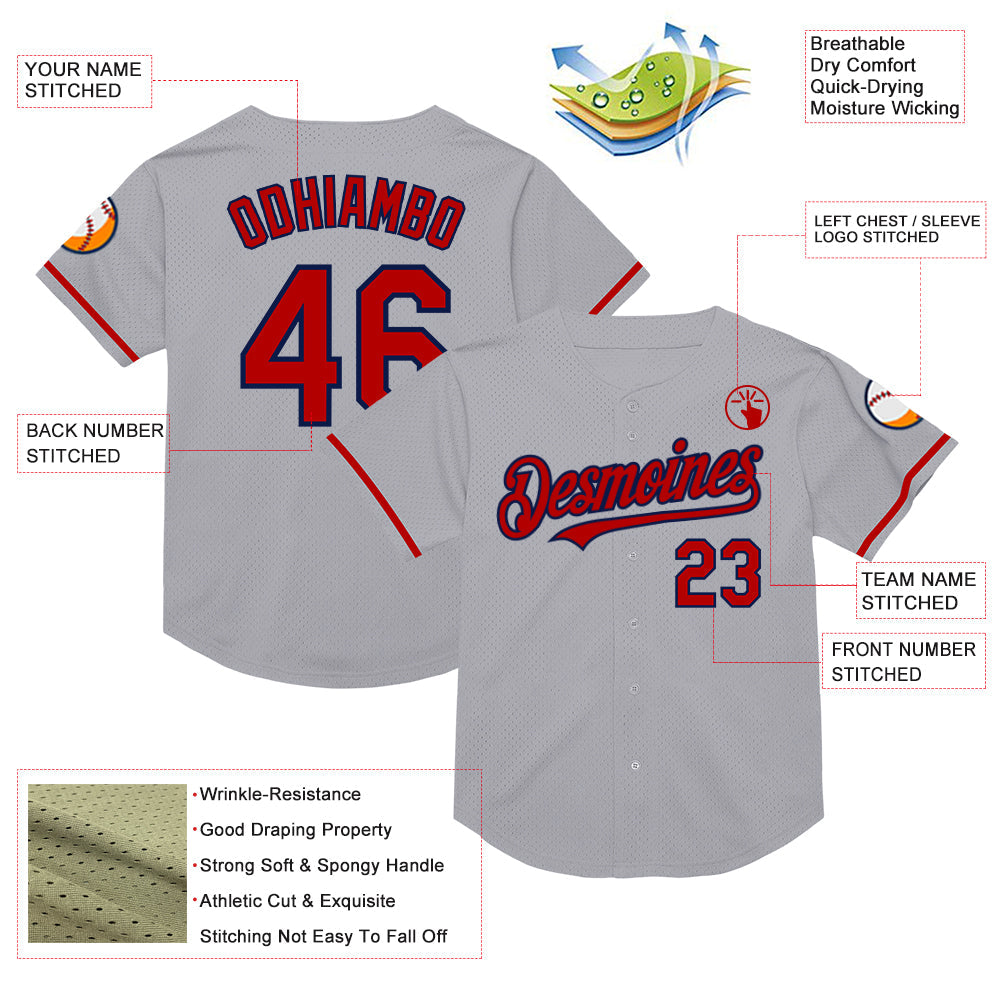 Custom Gray Red-Navy Mesh Authentic Throwback Baseball Jersey view 3