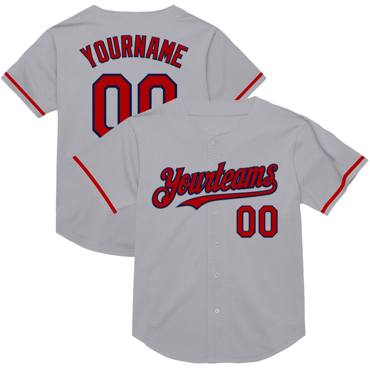 Custom Gray Red-Navy Mesh Authentic Throwback Baseball Jersey - Main View