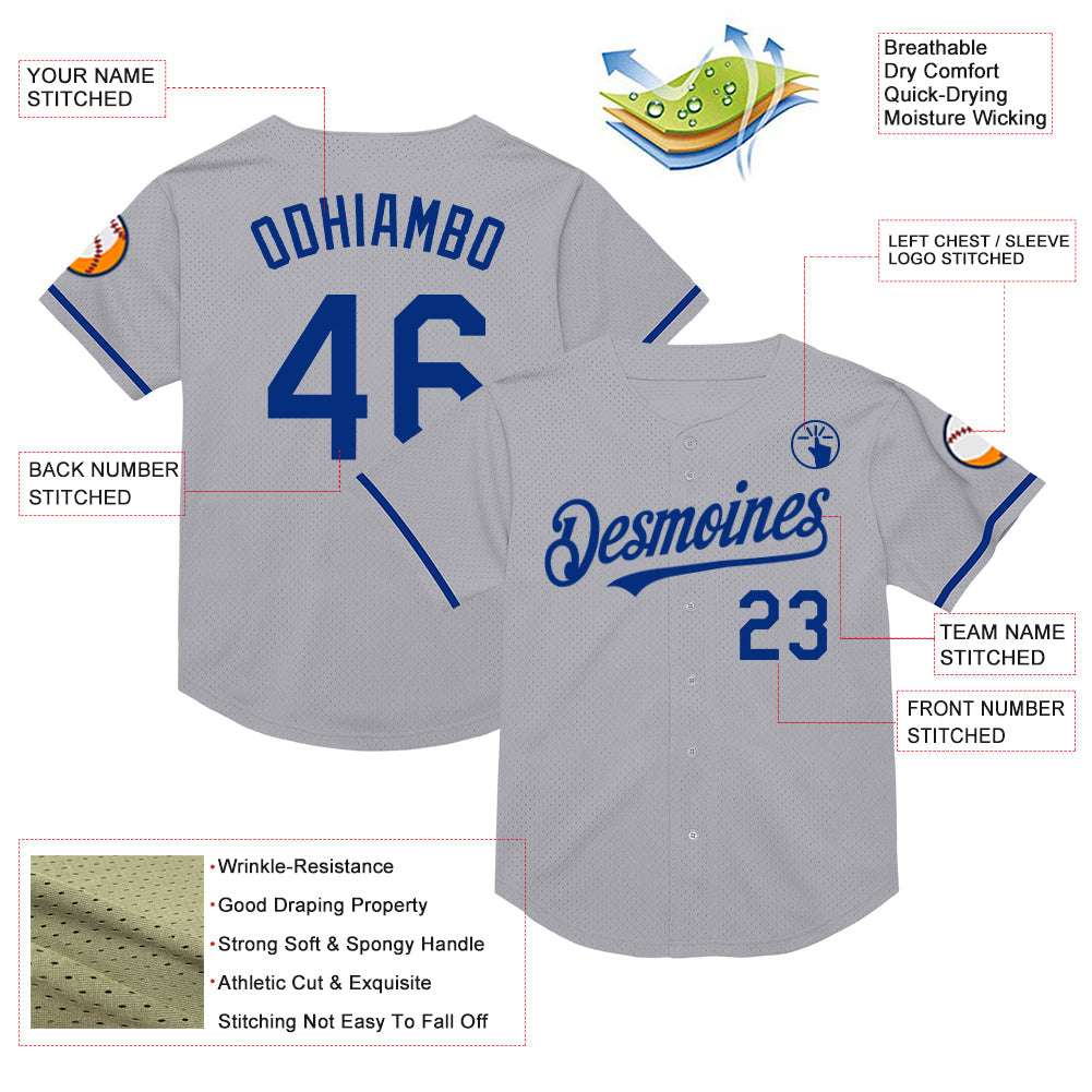 Custom Gray Royal Mesh Authentic Throwback Baseball Jersey view 3