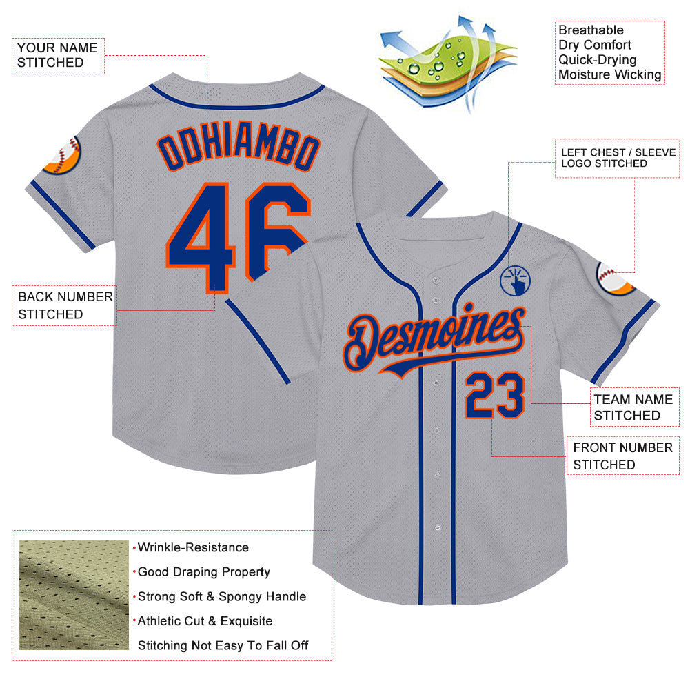 Custom Gray Royal-Orange Mesh Authentic Throwback Baseball Jersey view 3