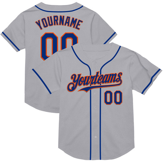 Custom Gray Royal-Orange Mesh Authentic Throwback Baseball Jersey - Main View