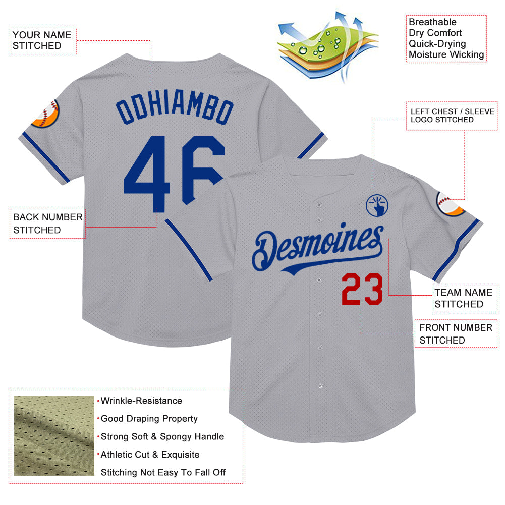Custom Gray Royal-Red Mesh Authentic Throwback Baseball Jersey view 3