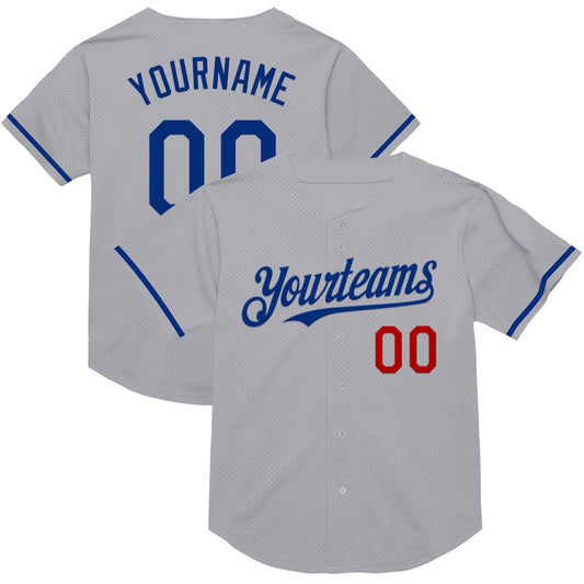 Custom Gray Royal-Red Mesh Authentic Throwback Baseball Jersey - Main View