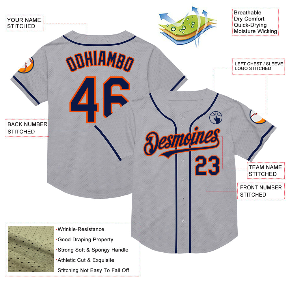 Custom Gray Navy-Orange Mesh Authentic Throwback Baseball Jersey view 3