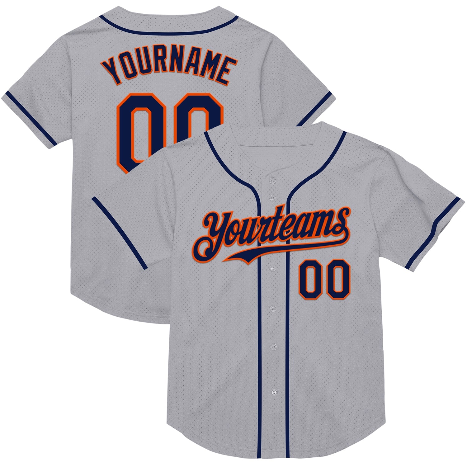 Custom Gray Navy-Orange Mesh Authentic Throwback Baseball Jersey - Main View