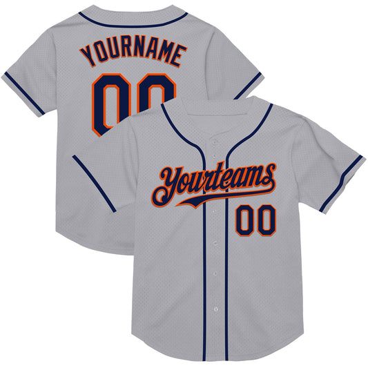 Custom Gray Navy-Orange Mesh Authentic Throwback Baseball Jersey - Main View
