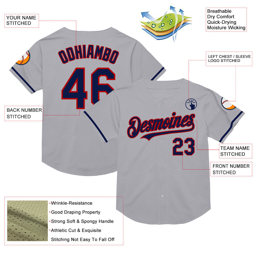 Custom Gray Navy-Red Mesh Authentic Throwback Baseball Jersey view 3