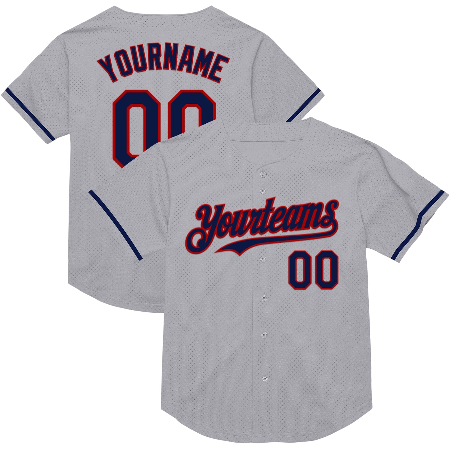 Custom Gray Navy-Red Mesh Authentic Throwback Baseball Jersey - Main View