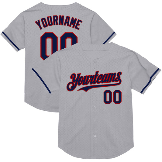 Custom Gray Navy-Red Mesh Authentic Throwback Baseball Jersey - Main View