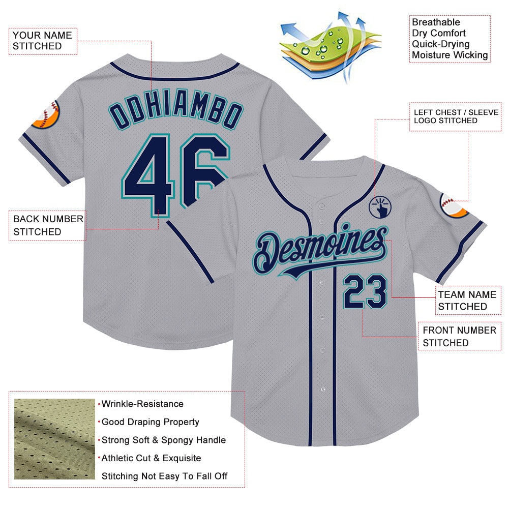 Custom Gray Navy-Teal Mesh Authentic Throwback Baseball Jersey view 3