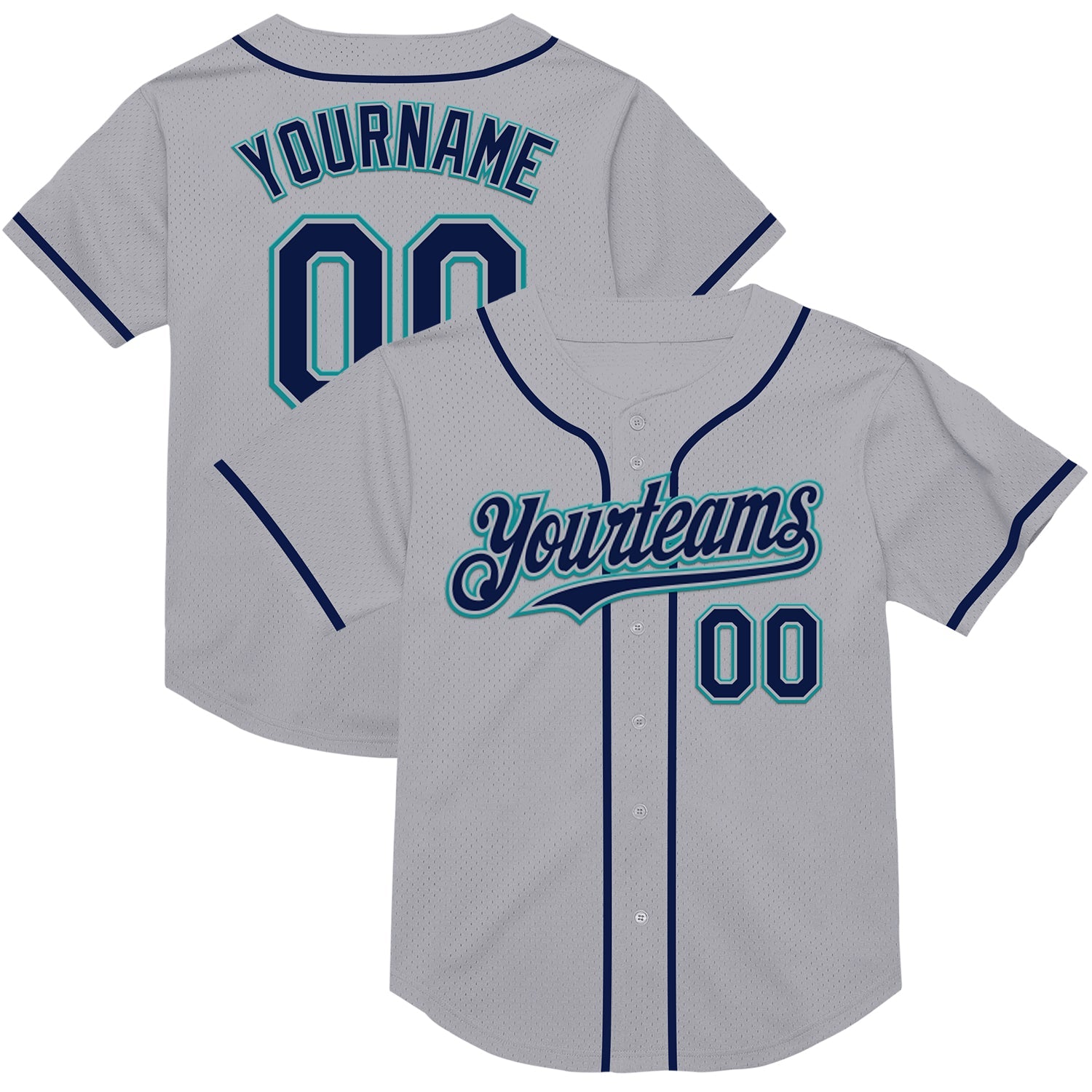 Custom Gray Navy-Teal Mesh Authentic Throwback Baseball Jersey - Main View