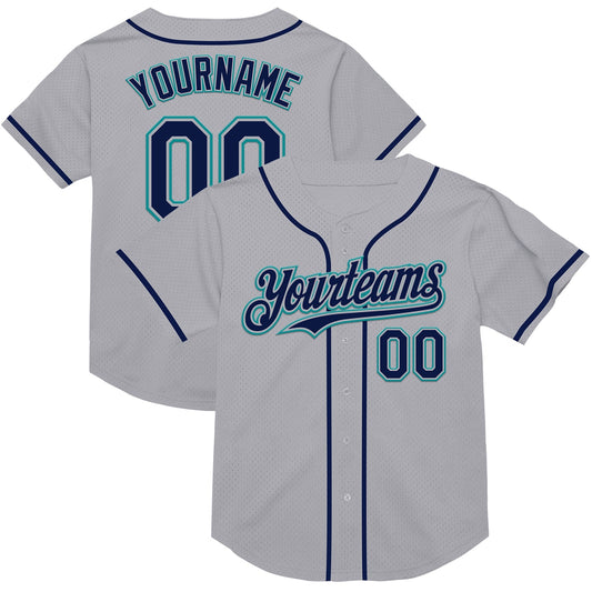 Custom Gray Navy-Teal Mesh Authentic Throwback Baseball Jersey - Main View