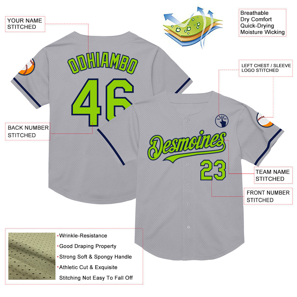 Custom Gray Neon Green-Navy Mesh Authentic Throwback Baseball Jersey view 3