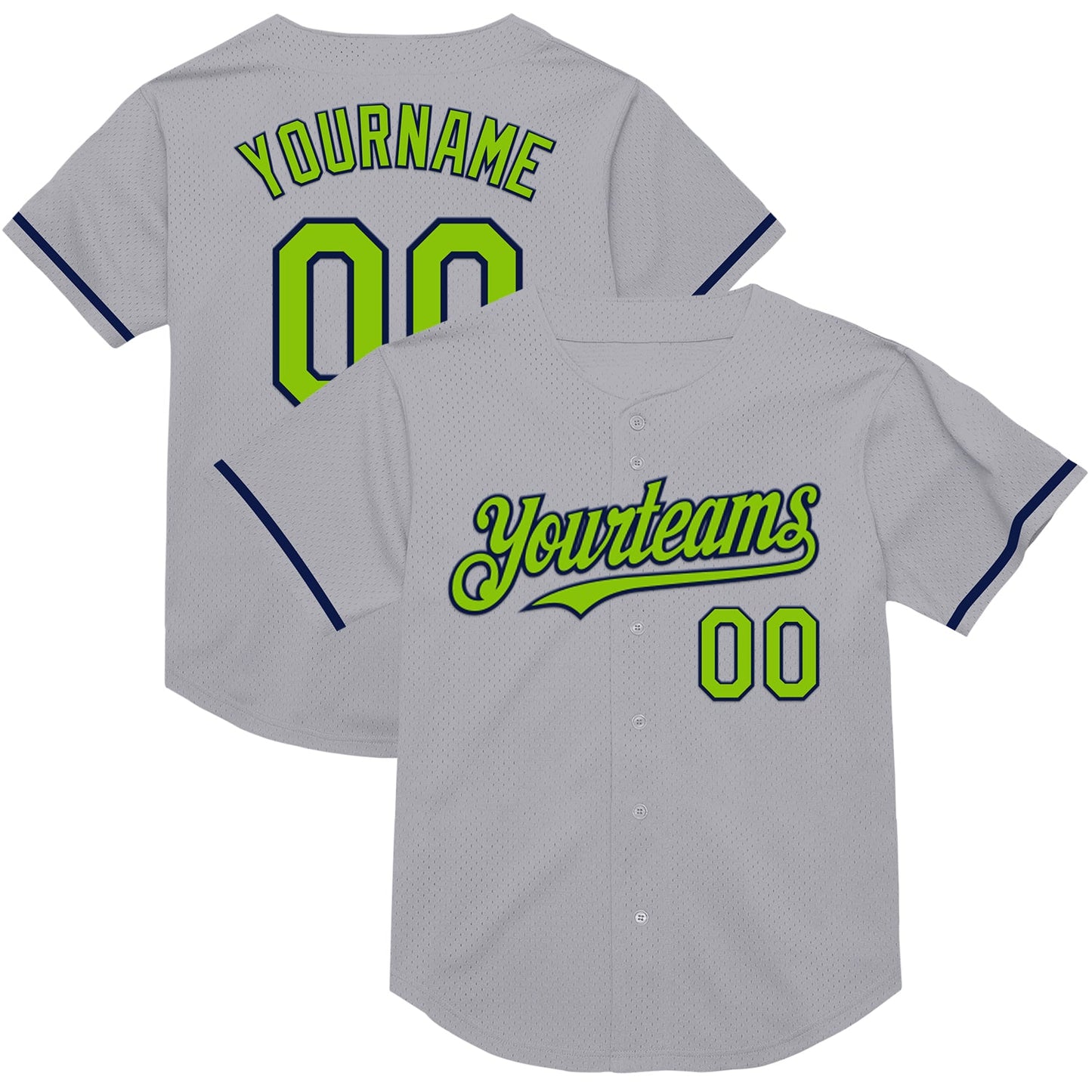 Custom Gray Neon Green-Navy Mesh Authentic Throwback Baseball Jersey - Main View