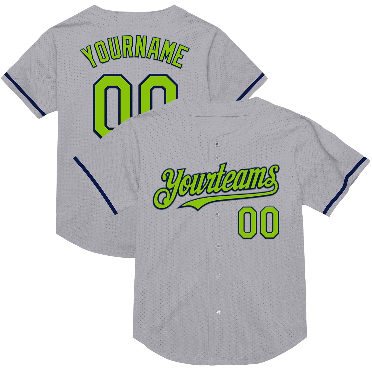 Custom Gray Neon Green-Navy Mesh Authentic Throwback Baseball Jersey - Main View
