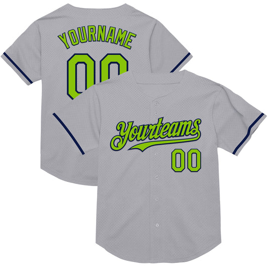Custom Gray Neon Green-Navy Mesh Authentic Throwback Baseball Jersey - Main View