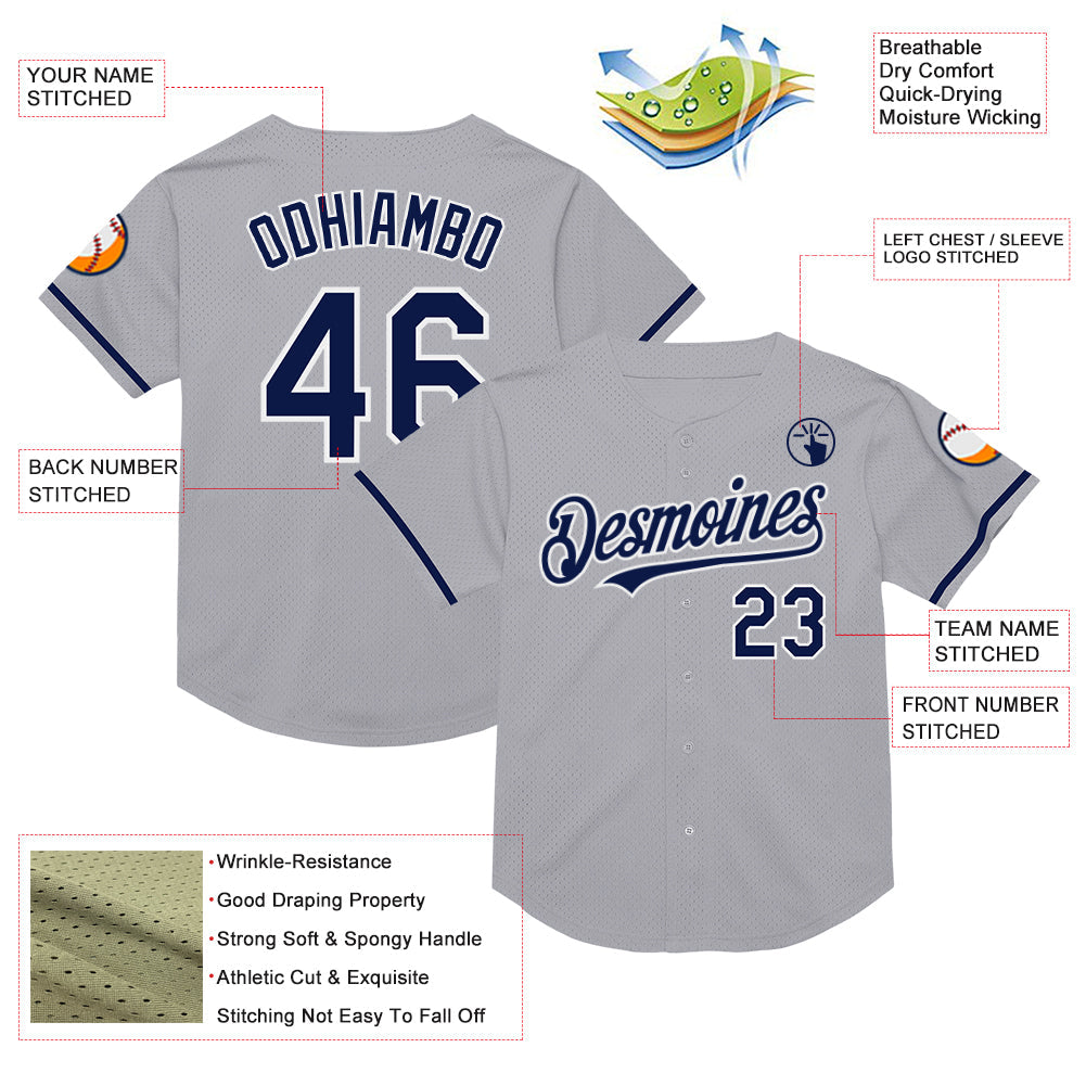 Custom Gray Navy-White Mesh Authentic Throwback Baseball Jersey view 3