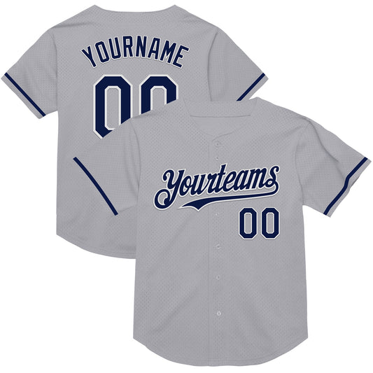 Custom Gray Navy-White Mesh Authentic Throwback Baseball Jersey - Main View