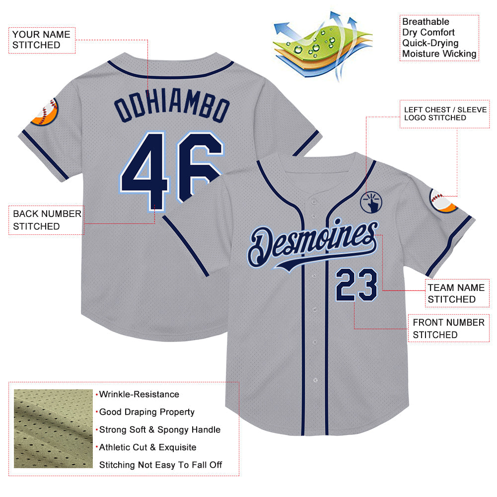 Custom Gray Navy-Light Blue Mesh Authentic Throwback Baseball Jersey view 3