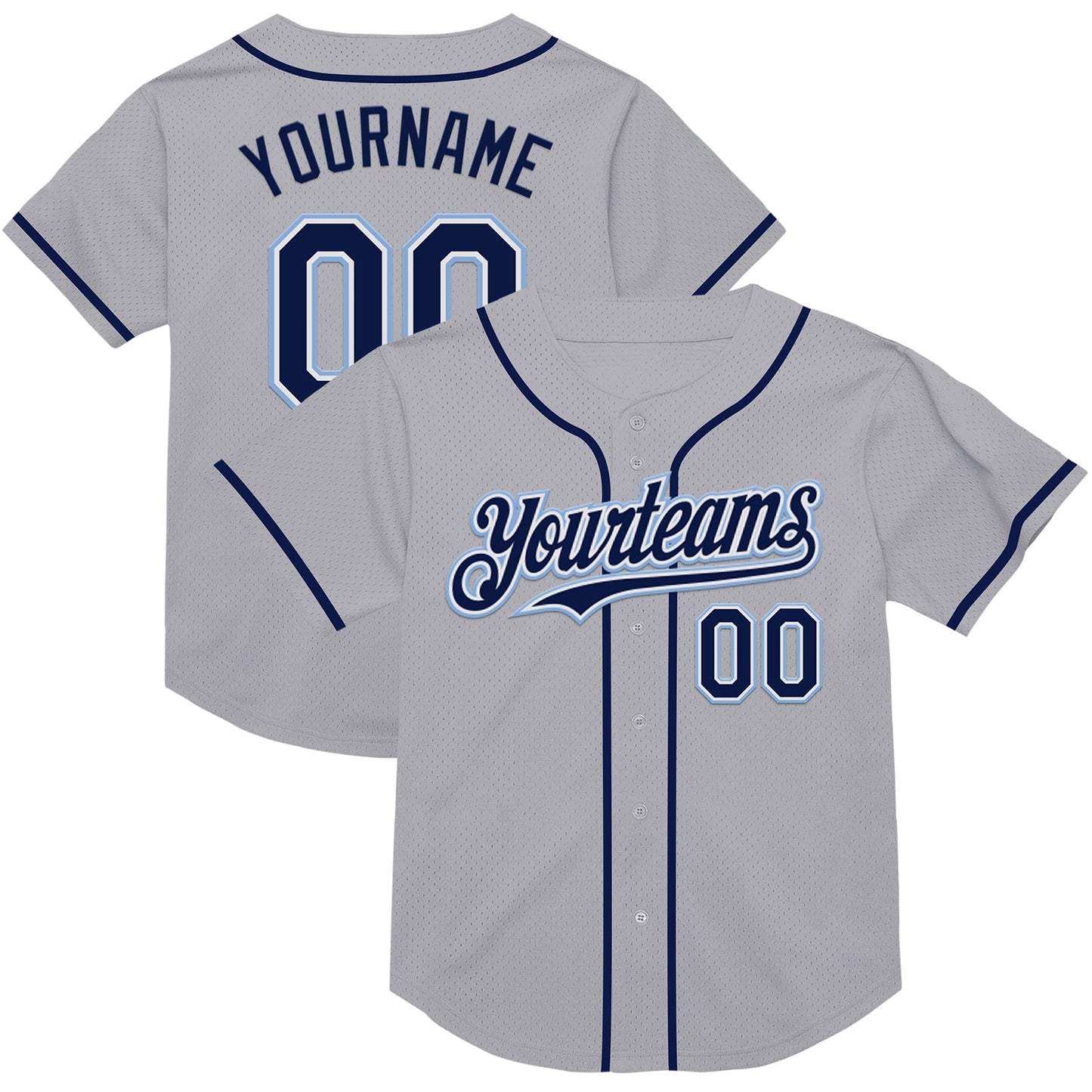 Custom Gray Navy-Light Blue Mesh Authentic Throwback Baseball Jersey - Main View