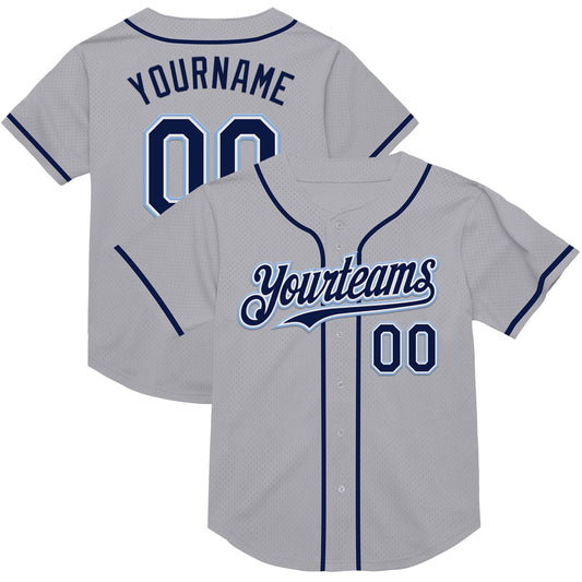 Custom Gray Navy-Light Blue Mesh Authentic Throwback Baseball Jersey - Main View
