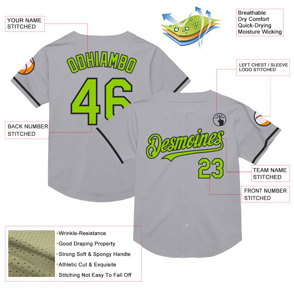 Custom Gray Neon Green-Black Mesh Authentic Throwback Baseball Jersey view 3