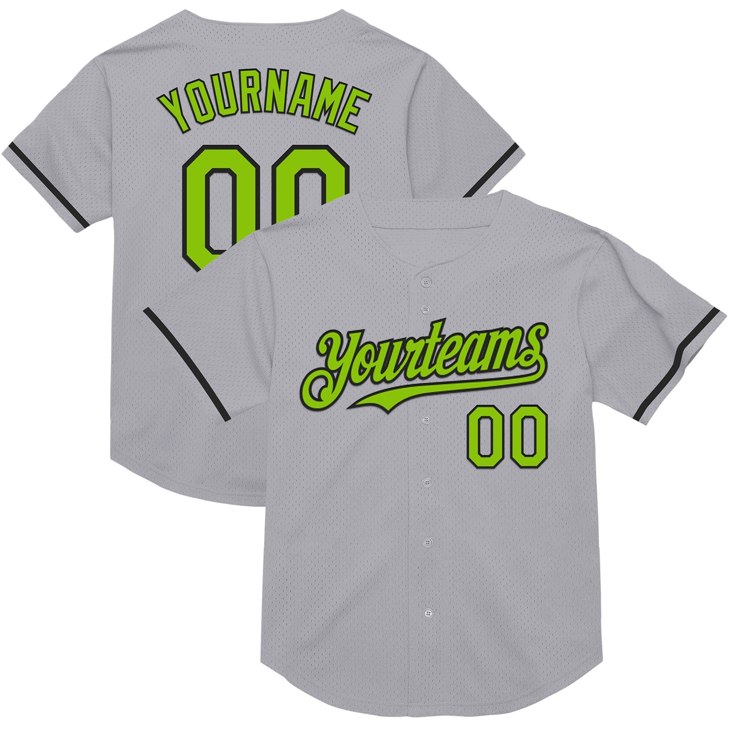 Custom Gray Neon Green-Black Mesh Authentic Throwback Baseball Jersey - Main View