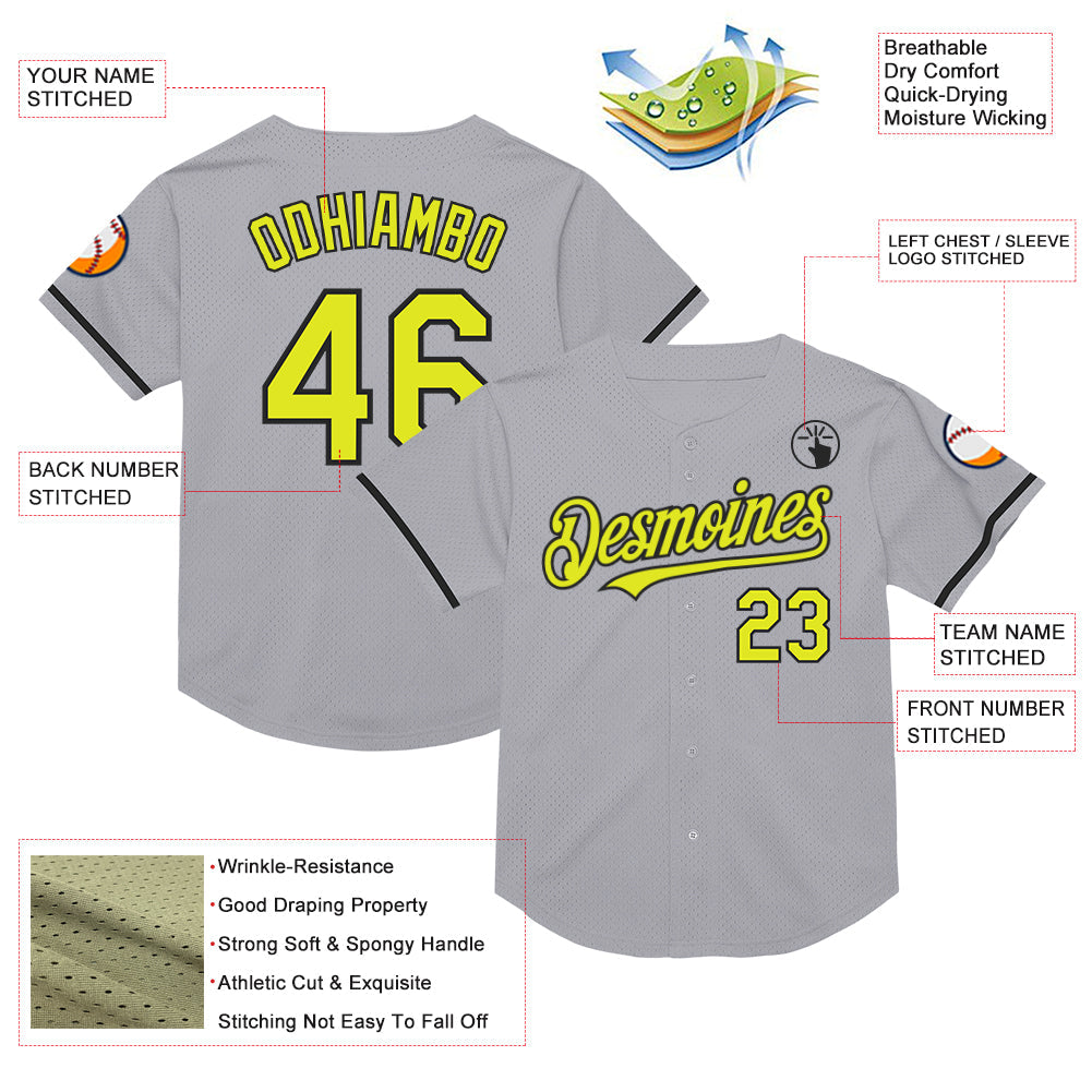 Custom Gray Neon Yellow-Black Mesh Authentic Throwback Baseball Jersey view 3
