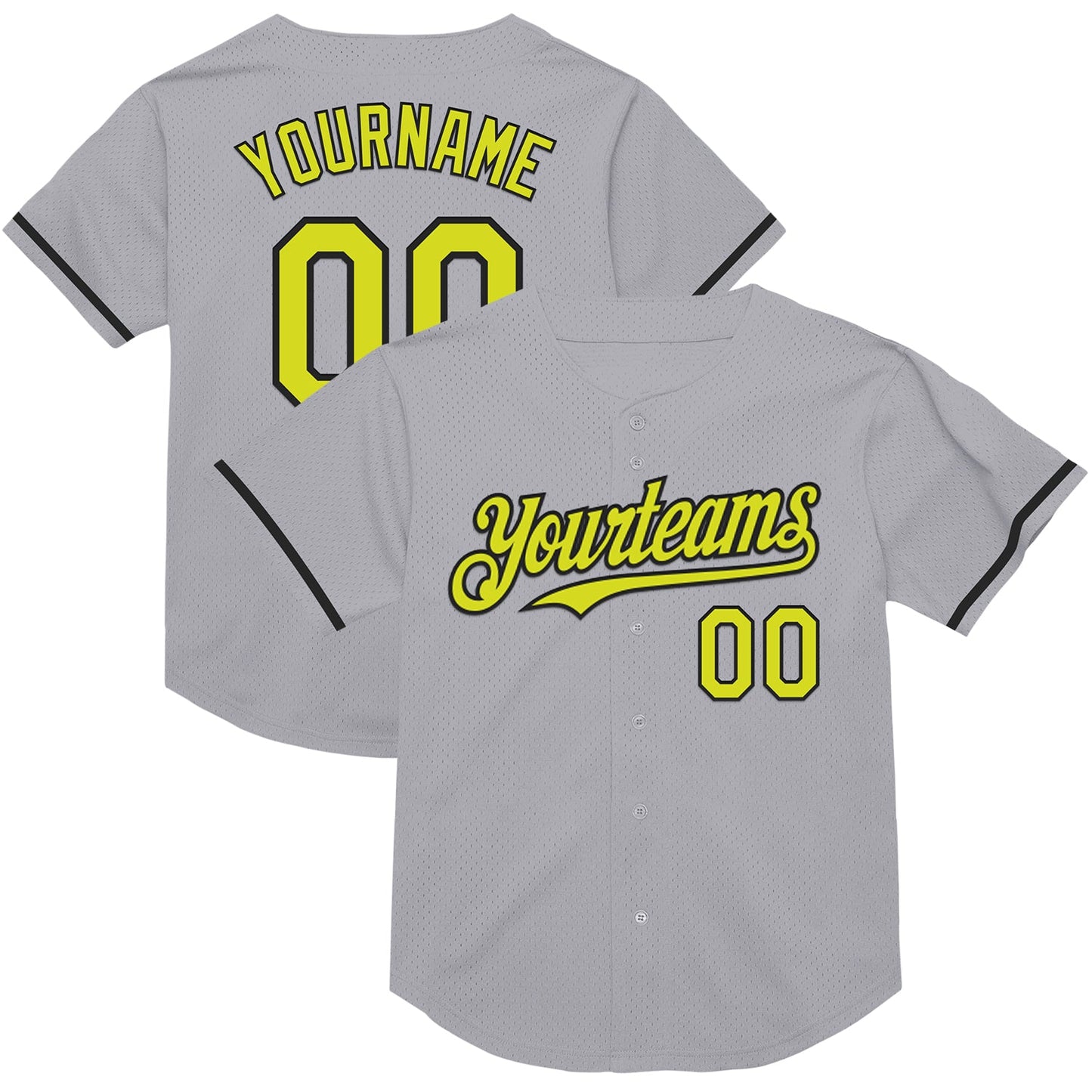 Custom Gray Neon Yellow-Black Mesh Authentic Throwback Baseball Jersey - Main View