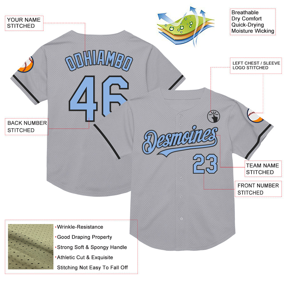 Custom Gray Light Blue-Black Mesh Authentic Throwback Baseball Jersey view 3