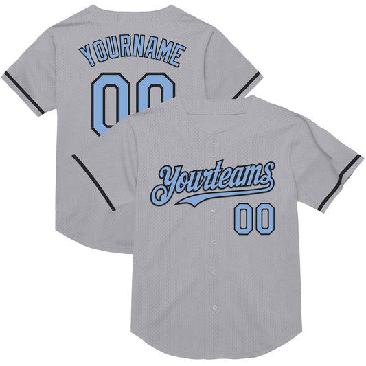 Custom Gray Light Blue-Black Mesh Authentic Throwback Baseball Jersey - Main View