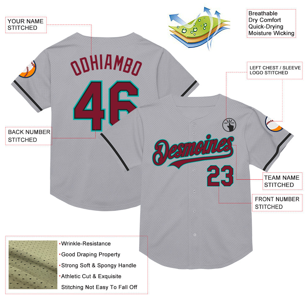 Custom Gray Crimson Black-Aqua Mesh Authentic Throwback Baseball Jersey view 3